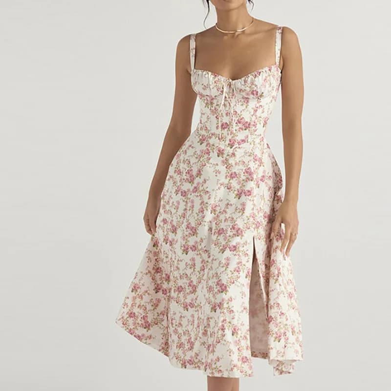 Elegante abito con spalline sottili e motivi floreali - Abiti da festa estivi